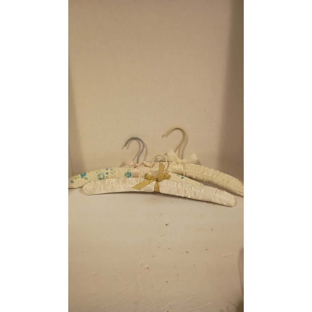 Vintage Padded Satin Hangers Set of 3 Ivory Floral Blue Rose Gold Bow Retro